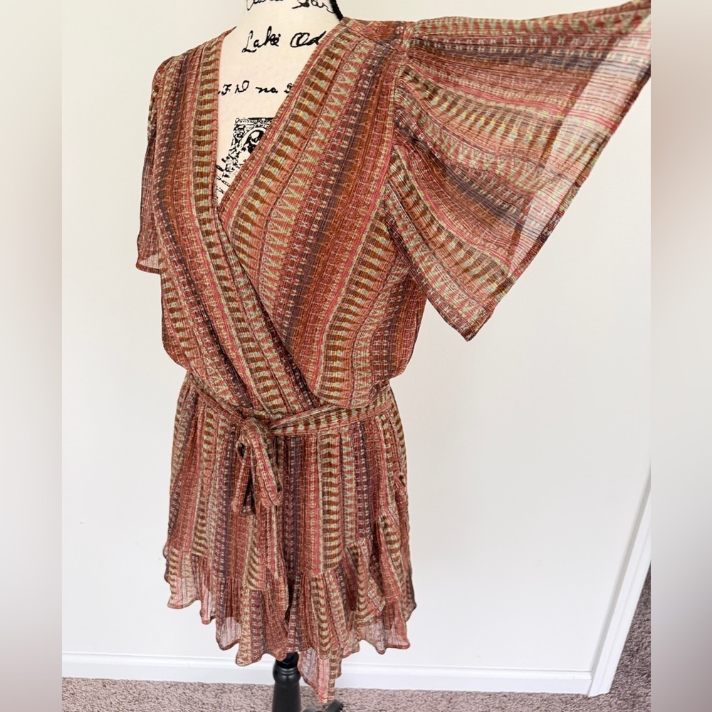 Ramy Brook Chelsea Mini Dress Belted Brown/Green Metallic Ruffle Hem Fairy Core - Picture 11 of 16